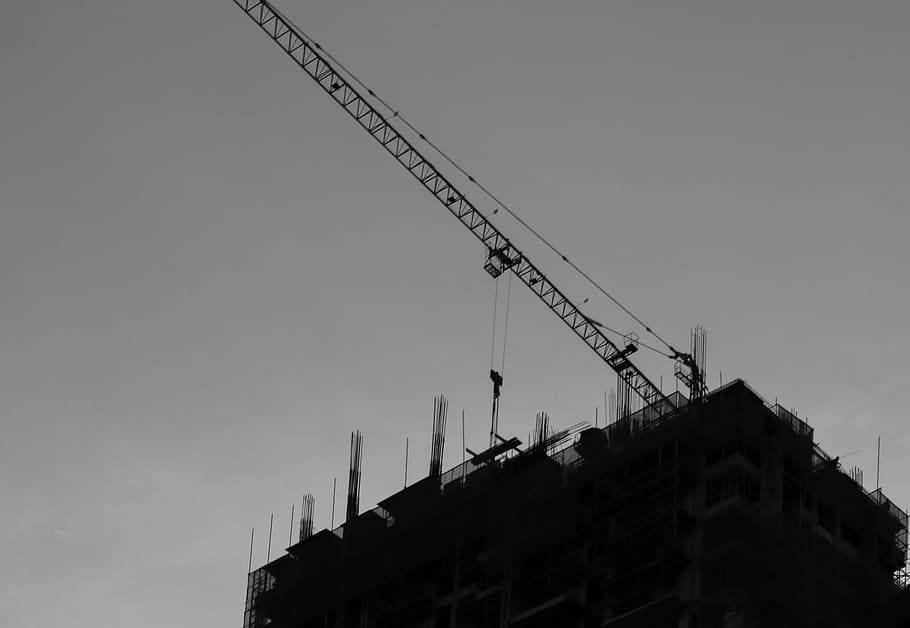 Metal Crane on Top of Building, architecture, black-and-white