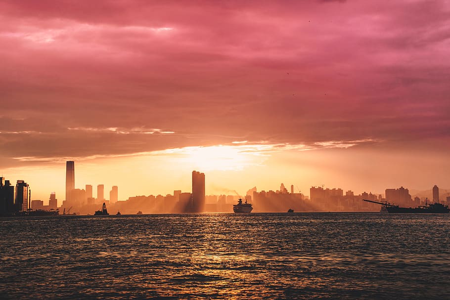 buildings and boats during sunset, sea, city, cloud, cloudy, red HD wallpaper