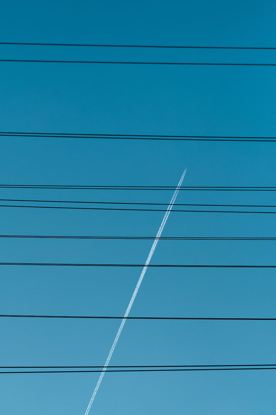 contrails on air during daytime, cable, power lines, electric transmission tower HD wallpaper
