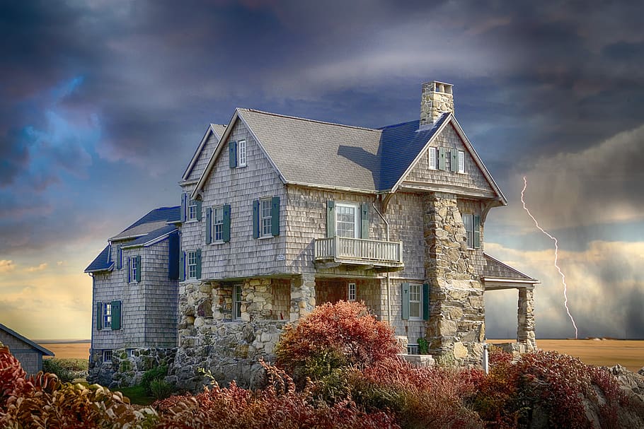house, sky, storm, clouds, field, landscape, architecture, atmosphere HD wallpaper