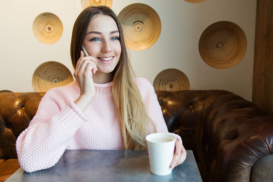 HD wallpaper: girl, young, board, phone, mobile, café, smile, coffee ...