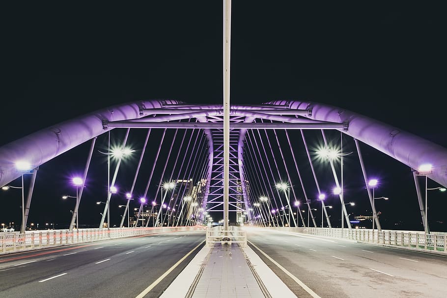 concrete bridge with lights during night, purple, symmetry, center HD wallpaper