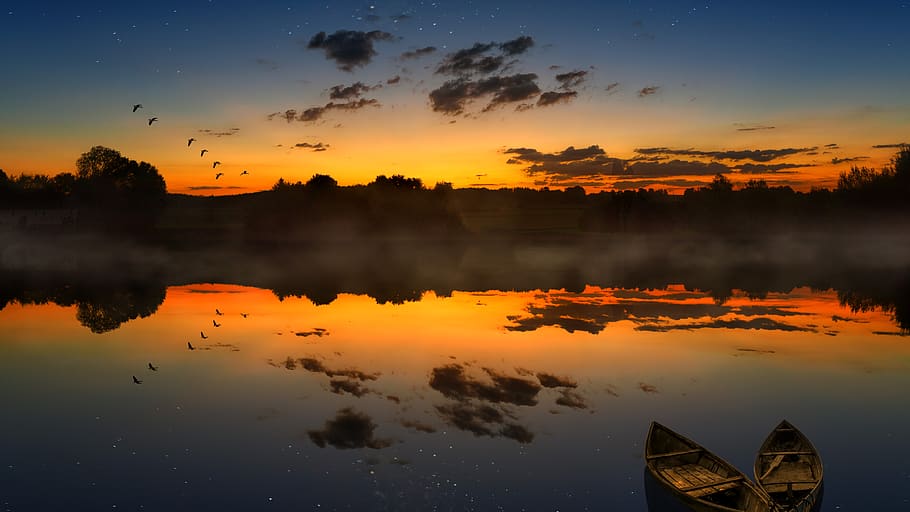 lake, sunset, boats, birds, autumn, rest, twilight, milky way, HD wallpaper