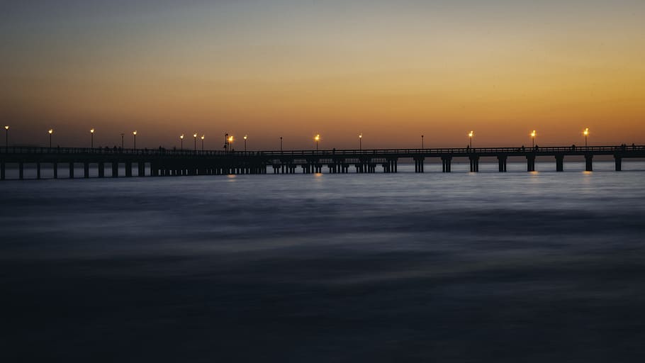 sunset, bridge, sea, lithuania, palanga, baltic sea, lights on HD wallpaper
