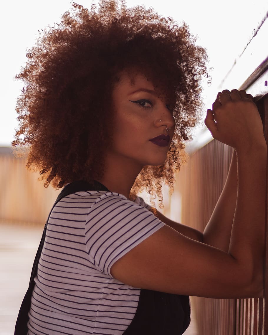 Woman in White and Grey Stripe T-shirt, afro, beautiful, curly hair