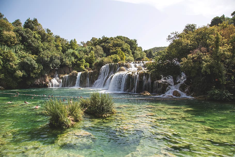 waterfall, river, stream, people, swimming, trees, green, forest HD wallpaper