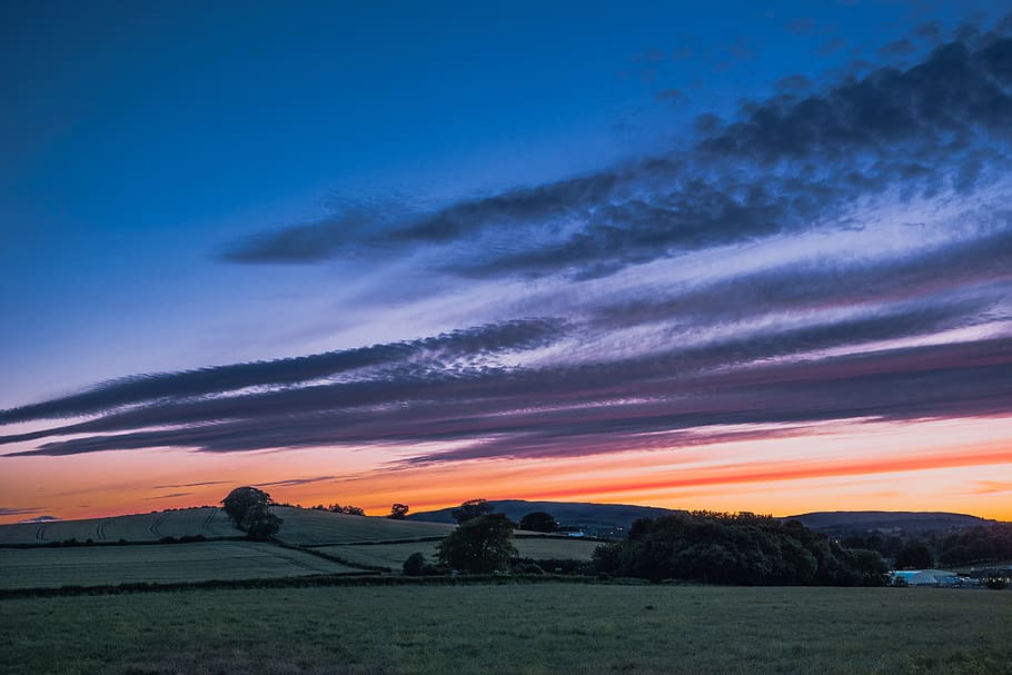 united kingdom, glasgow, fields, sky, clouds, fire, trees, sunset HD wallpaper