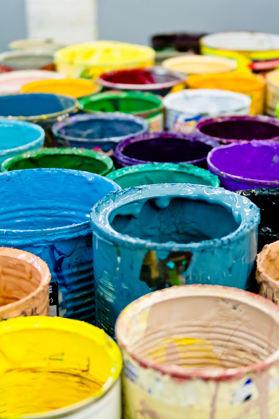 Assorted-color Paint Buckets, art, blur, bright, cans, colored