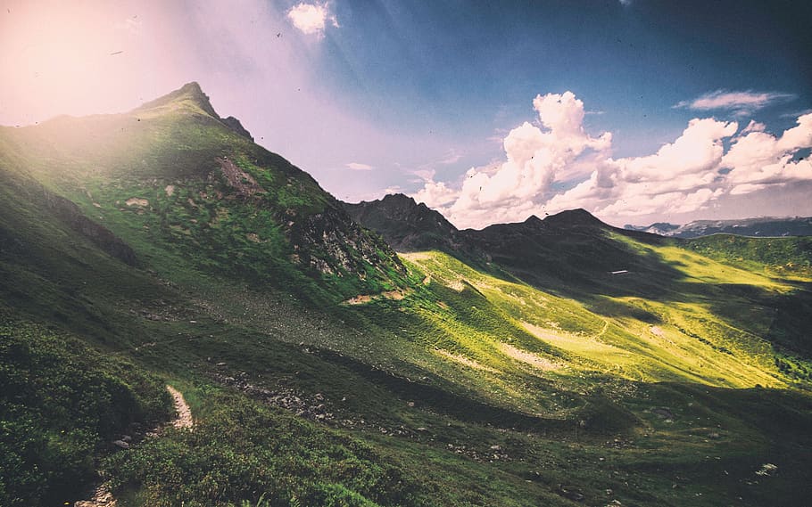 mountains, landscape, nature, sunlight, panorama, hike, hiking HD wallpaper