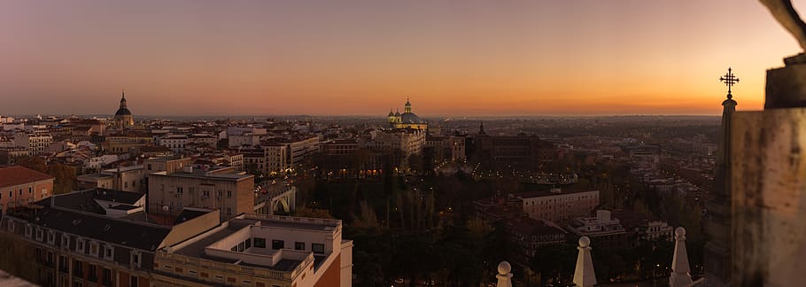 sunset, panoramic, horizontal, madrid, city, height, landscape HD wallpaper