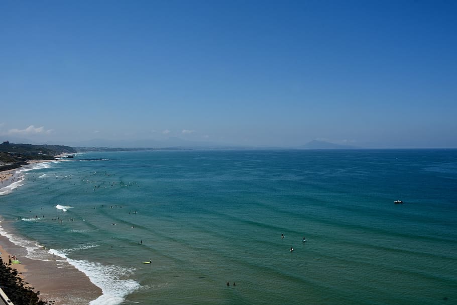 basque country, ocean, sky, beach, france, side, seen from a distance, HD wallpaper