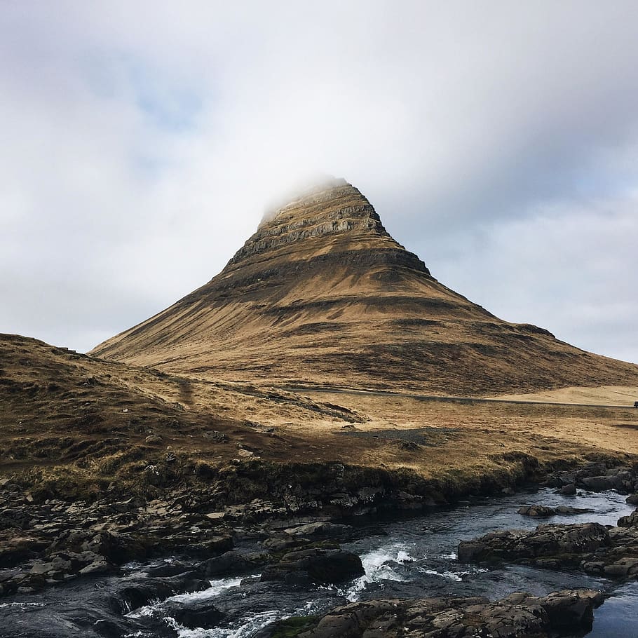 brown mountain covered by clouds, peak, iceland, kirkjufell, nature HD wallpaper