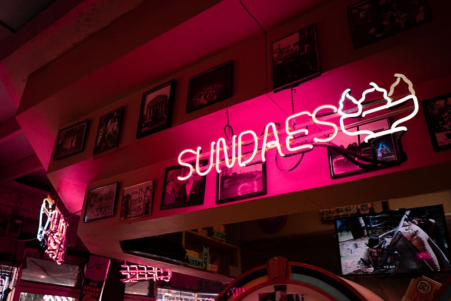 Sundaes signage, text, communication, neon, illuminated, night HD wallpaper