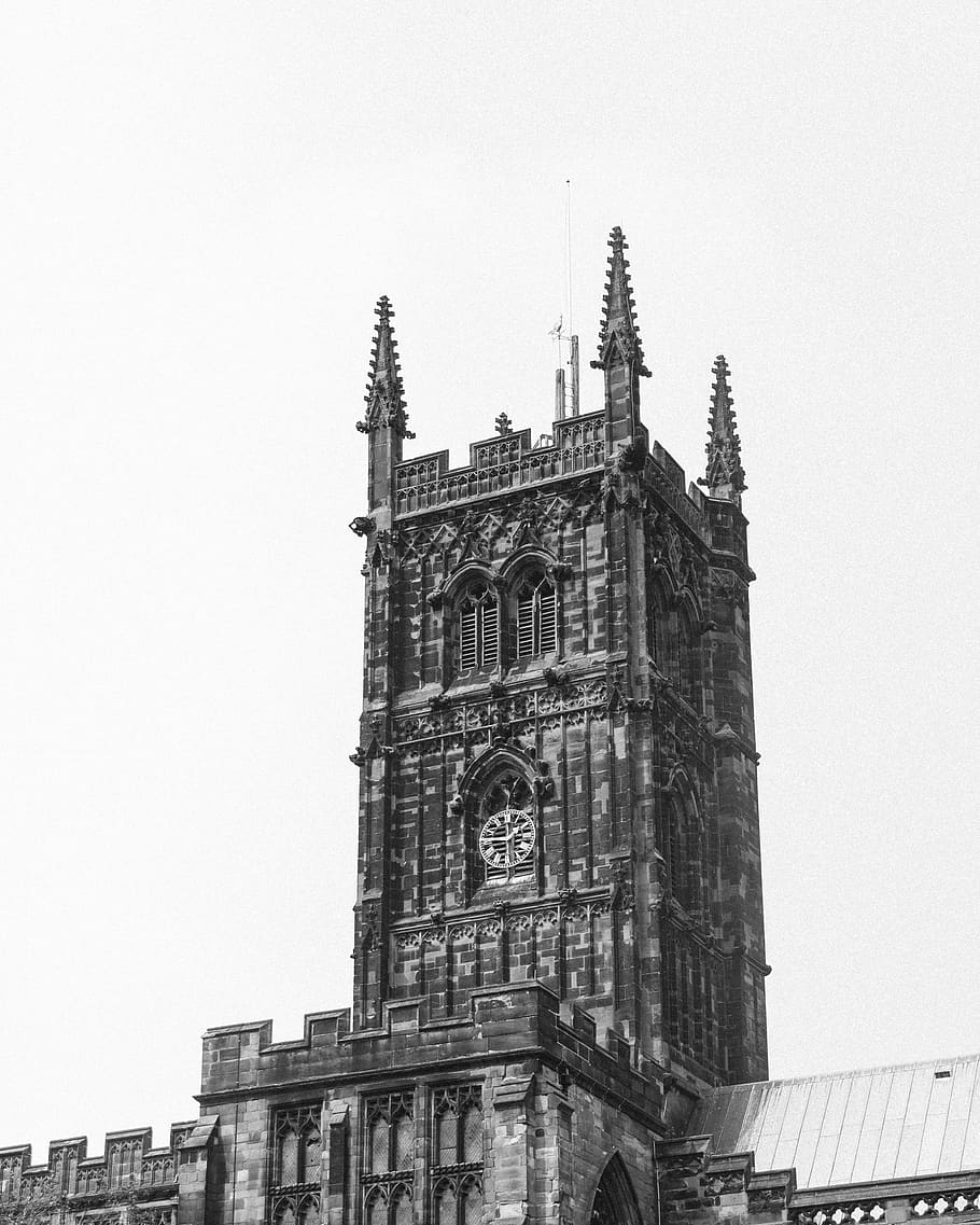 gray concrete building, tower, clock tower, spire, steeple, church HD wallpaper