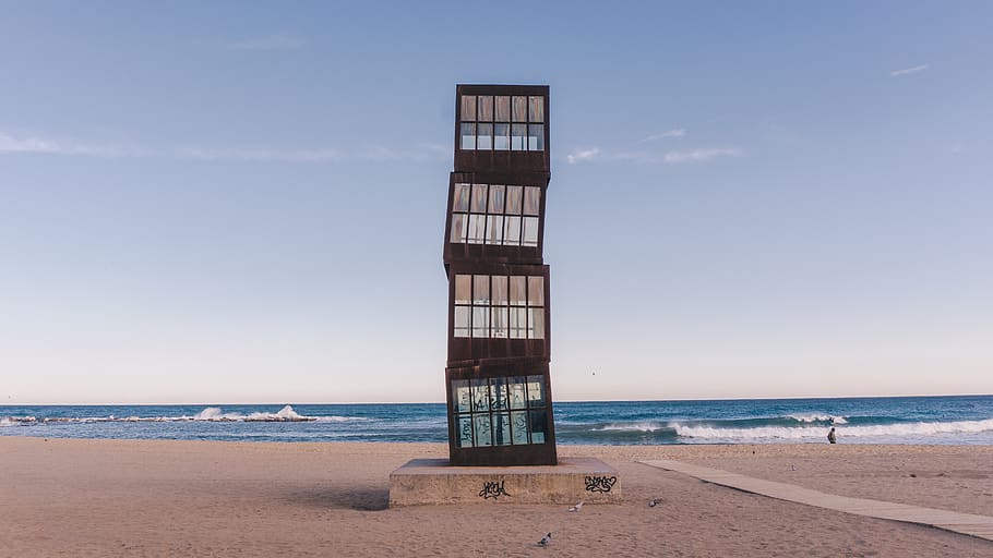 barcelona, spain, sand, waves, tower, building, sea, beach HD wallpaper
