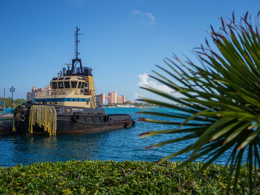 tug boat, bahamas, water, sea, ocean, sky, blue, travel, harbor, HD wallpaper