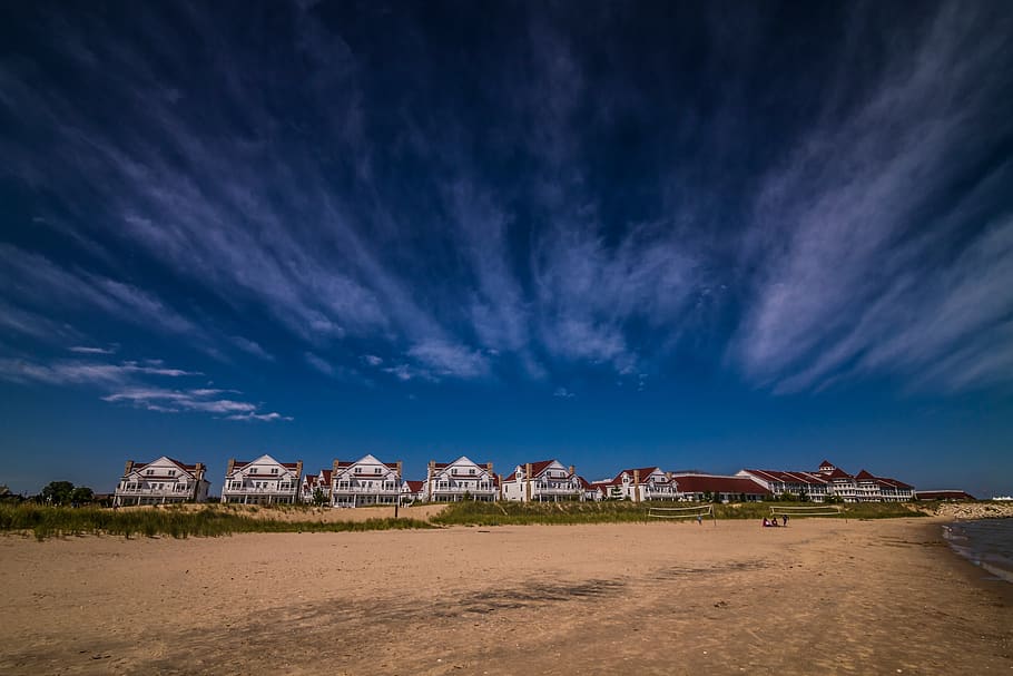 blue, house, sky, clouds, road, street, home, architecture HD wallpaper