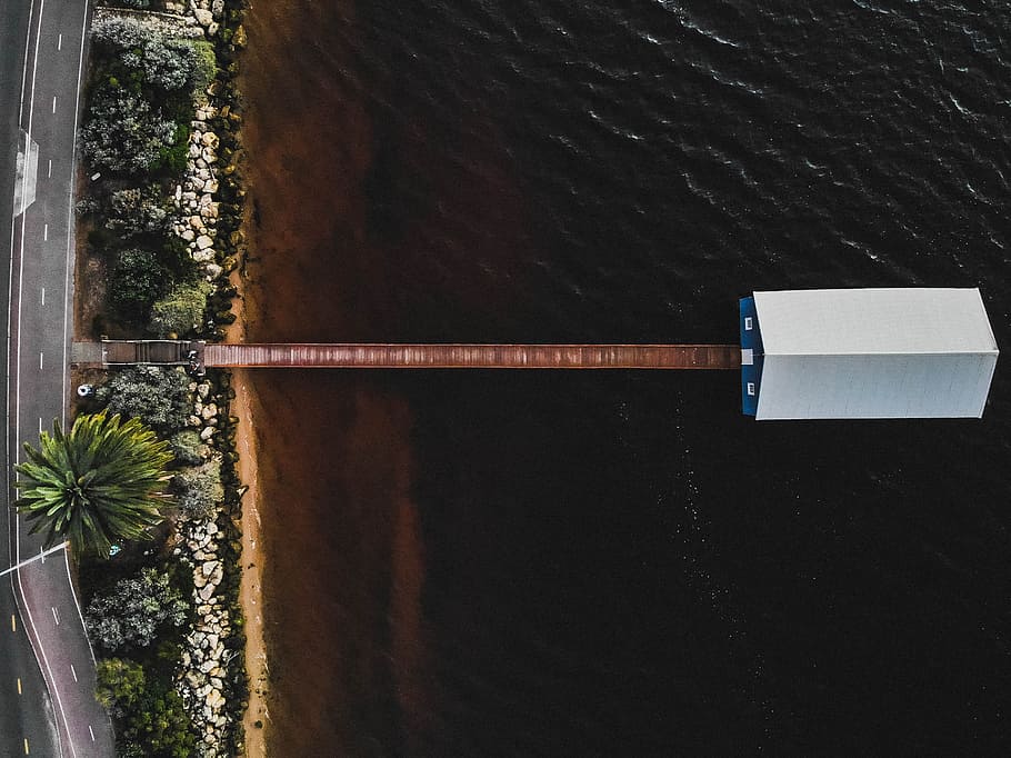house with dock on water, drone view, topdown, pier, bridge, road HD wallpaper