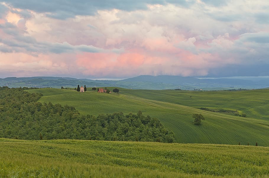 italy, tuscany, fields, sky, dawn, landscape, tourism, nature HD wallpaper