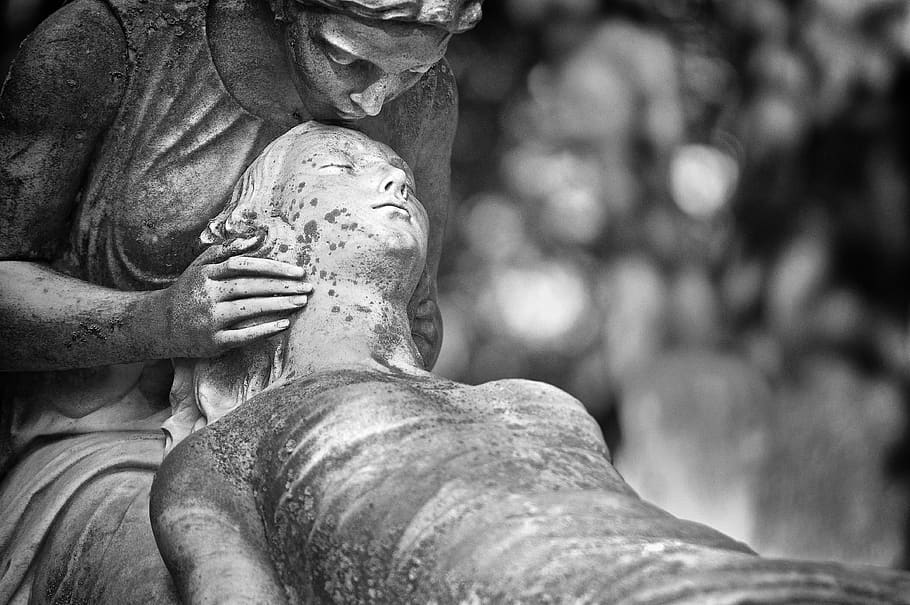 Monochrome Photo of Statue, black-and-white, blur, carving, cemetery HD wallpaper