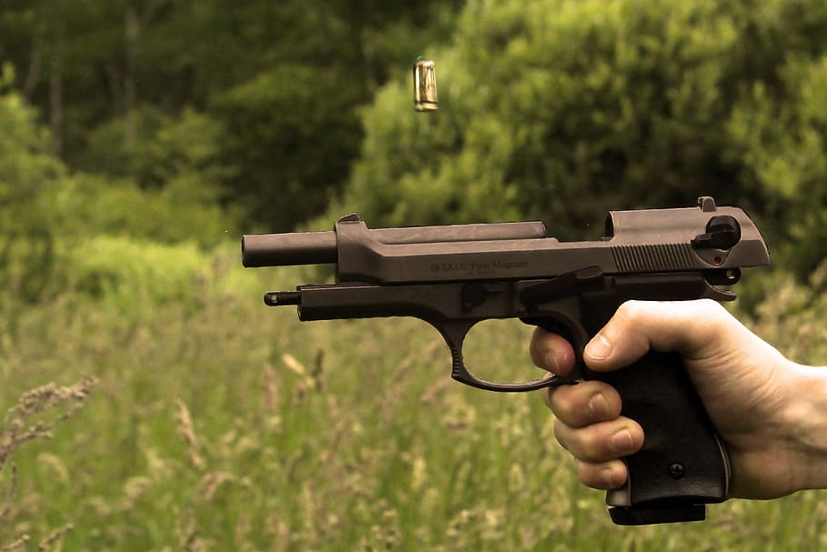 Black Pistol Calibrated and Brown Bullet Flies, cartridge, grass, HD wallpaper