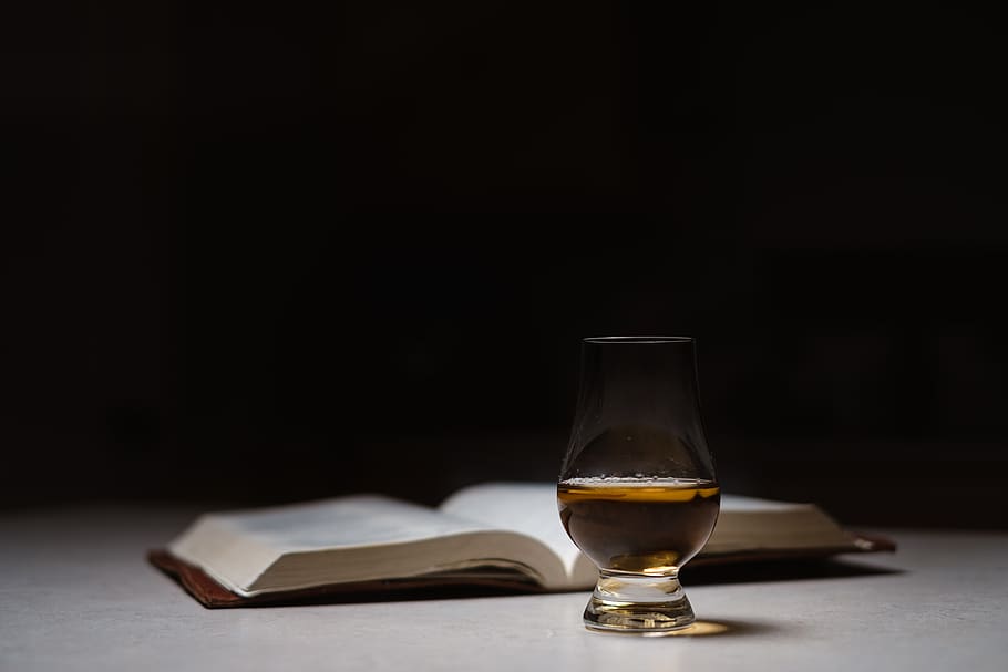 opened book beside drinking glass, alcohol, refreshment, household equipment HD wallpaper