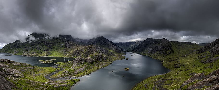cloudy, lake, landscape, mountain, outdoors, panoramic, scenic HD wallpaper