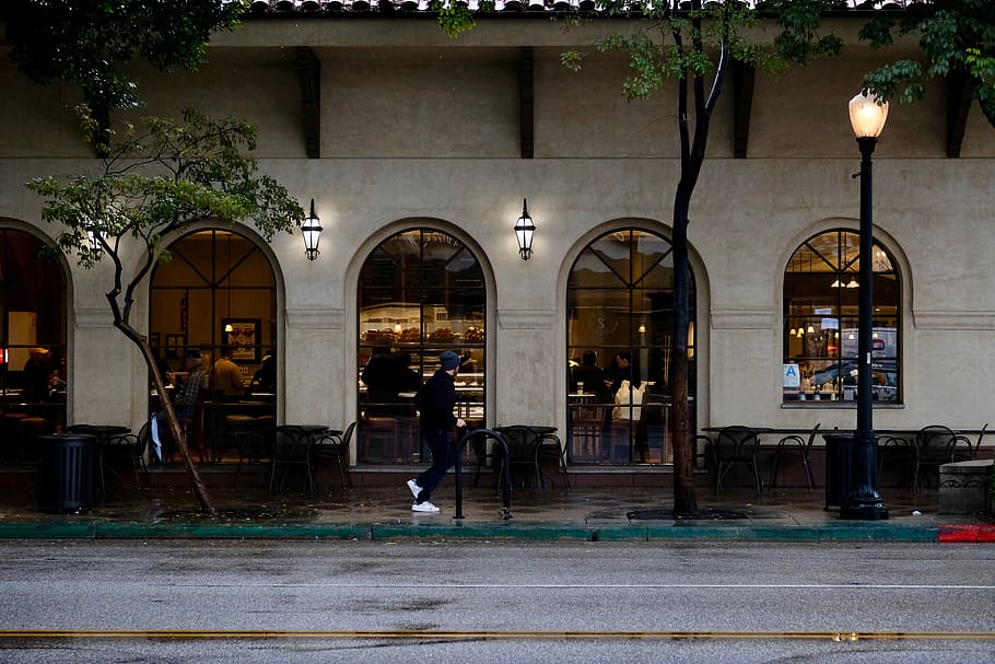 man walking beside building, person, human, restaurant, pedestrian HD wallpaper