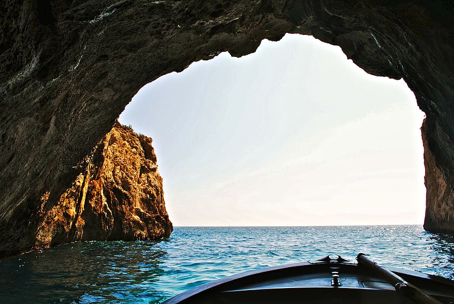 boat from underwater cave, ocean, sea, rock, cove, coast, float, HD wallpaper