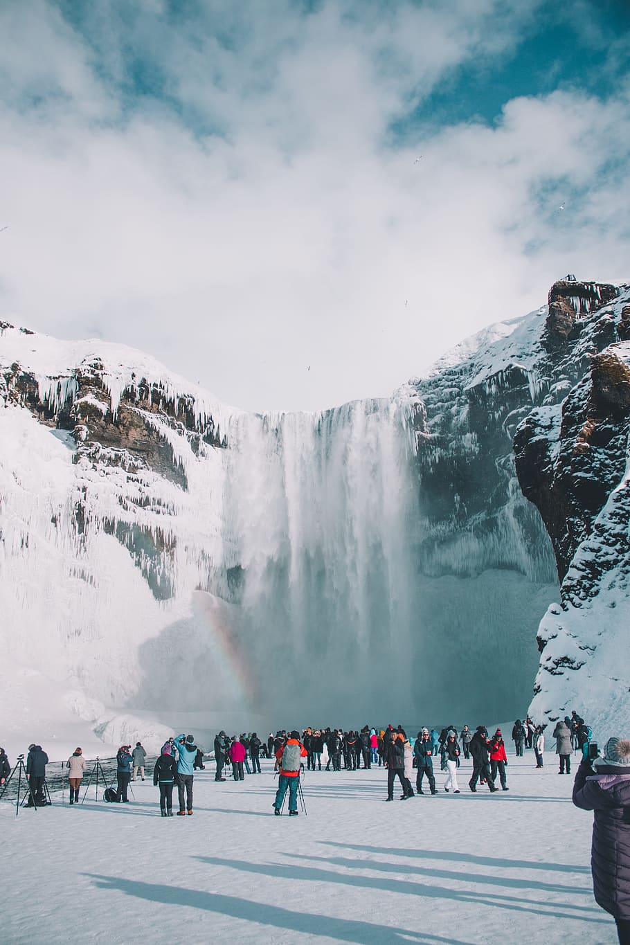 waterfalls surrounded with snow, winter, person, cloud, reykjavik HD wallpaper