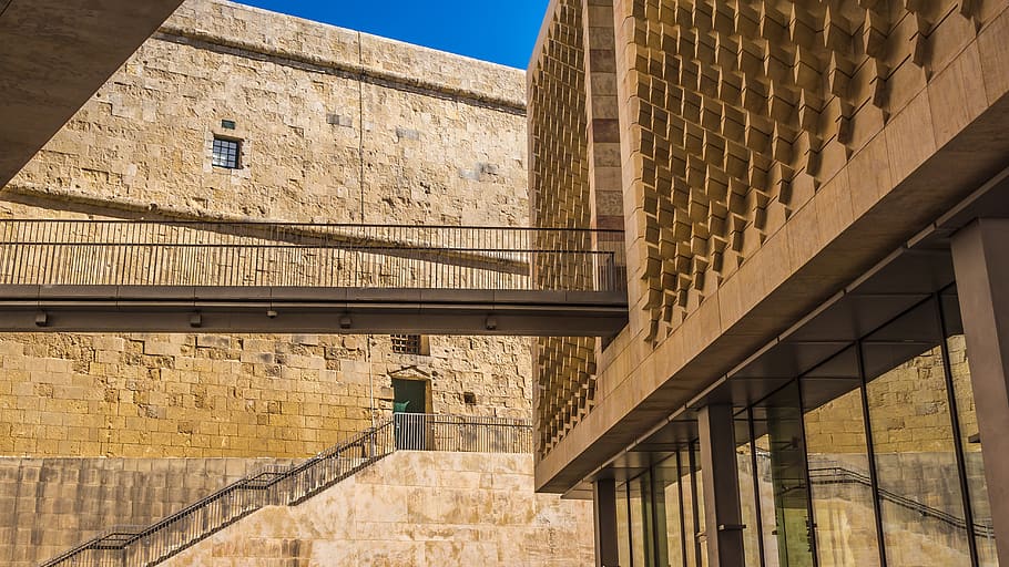 architecture, valletta, malta, sand stone, ocher, bridge, stairs HD wallpaper