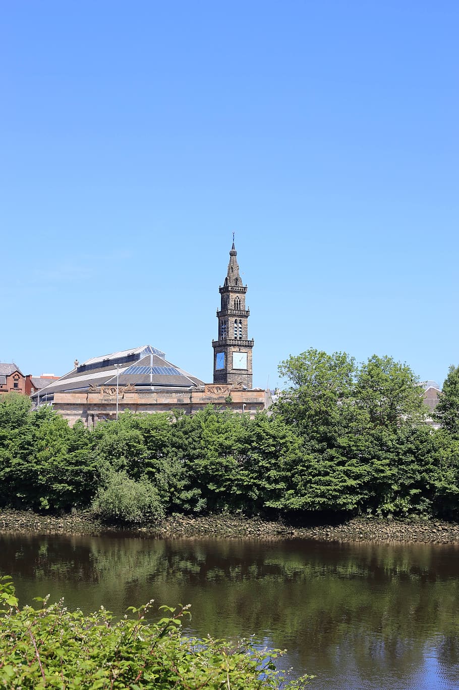 river, riverside, town, trees, water, tower, architecture, building HD wallpaper