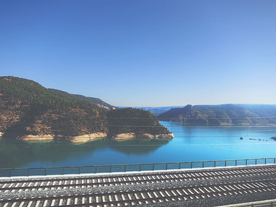 spain, railway, lake, mountain, line, wire, journey, tree, water HD wallpaper