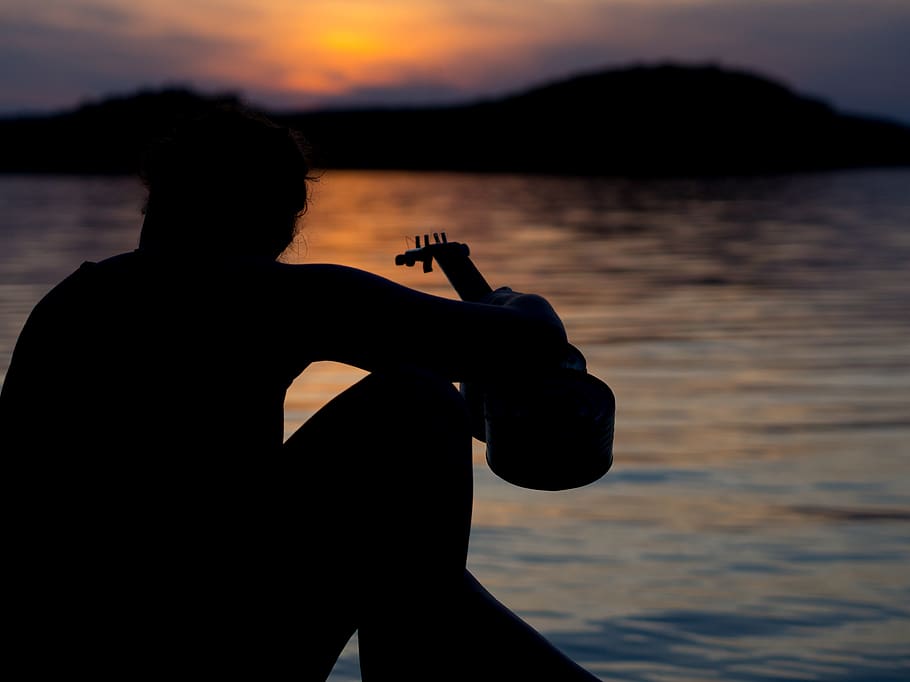 canada, lake of bays, sunset, musician, busking, ukulele, musical instrument