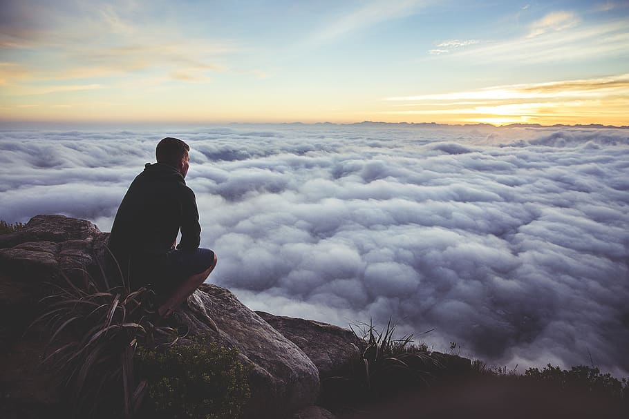 sunset, sky, clouds, guy, looking, rocks, people, cloud - sky HD wallpaper