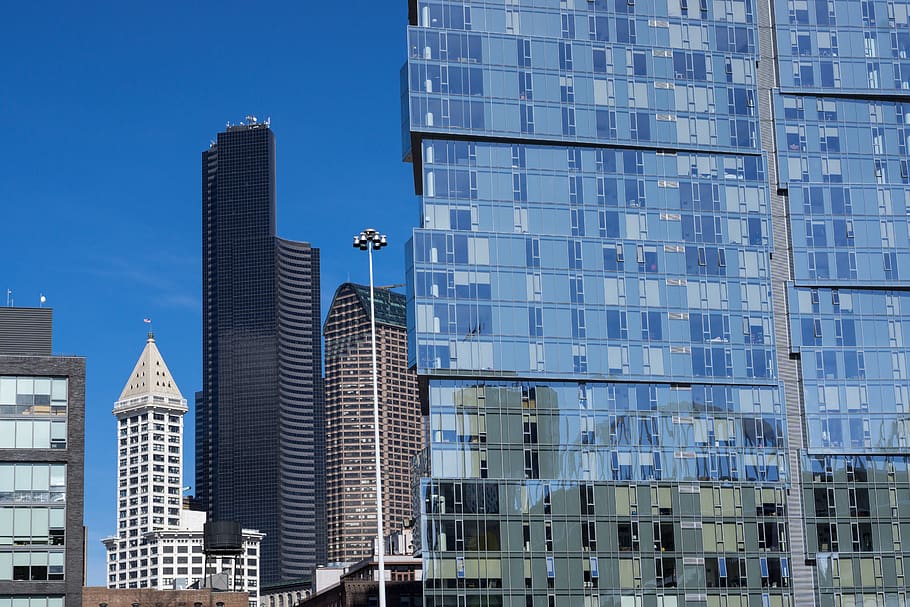 glass, seattle, skyscraper, tower, city, building exterior HD wallpaper