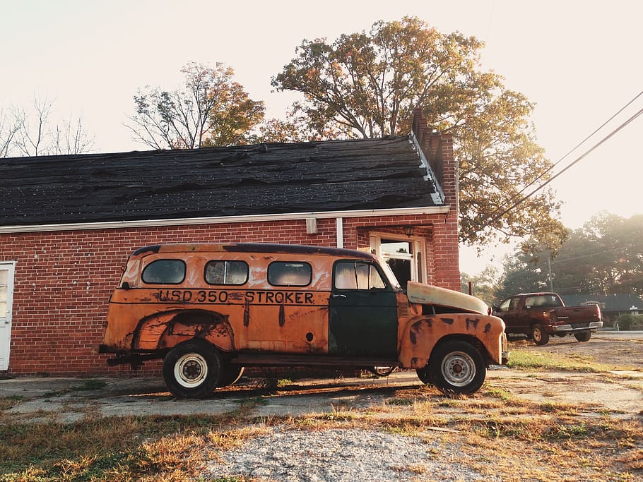 car, old, rustic, vintage, orange, tree, mode of transportation HD wallpaper