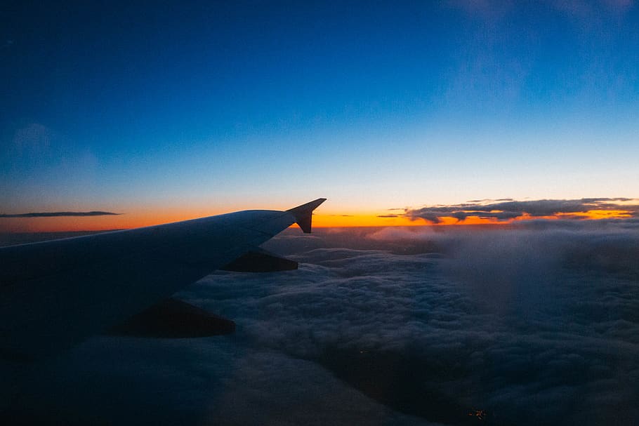 sunset, earth, trip, plane, flight, sky, clouds, lifestyle HD wallpaper