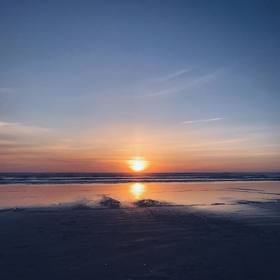 beach, ocean, sky, water, blue, sunset, sand, nature, view HD wallpaper