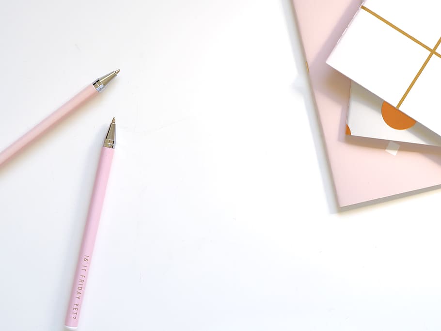 Two Pink Ballpoint Pens on Table, blank, close-up, college, composition, HD wallpaper