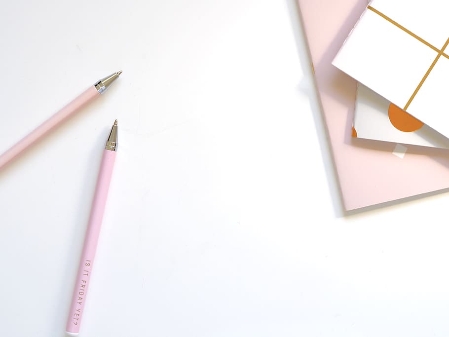 Two Pink Ballpoint Pens on Table, blank, close-up, college, composition HD wallpaper