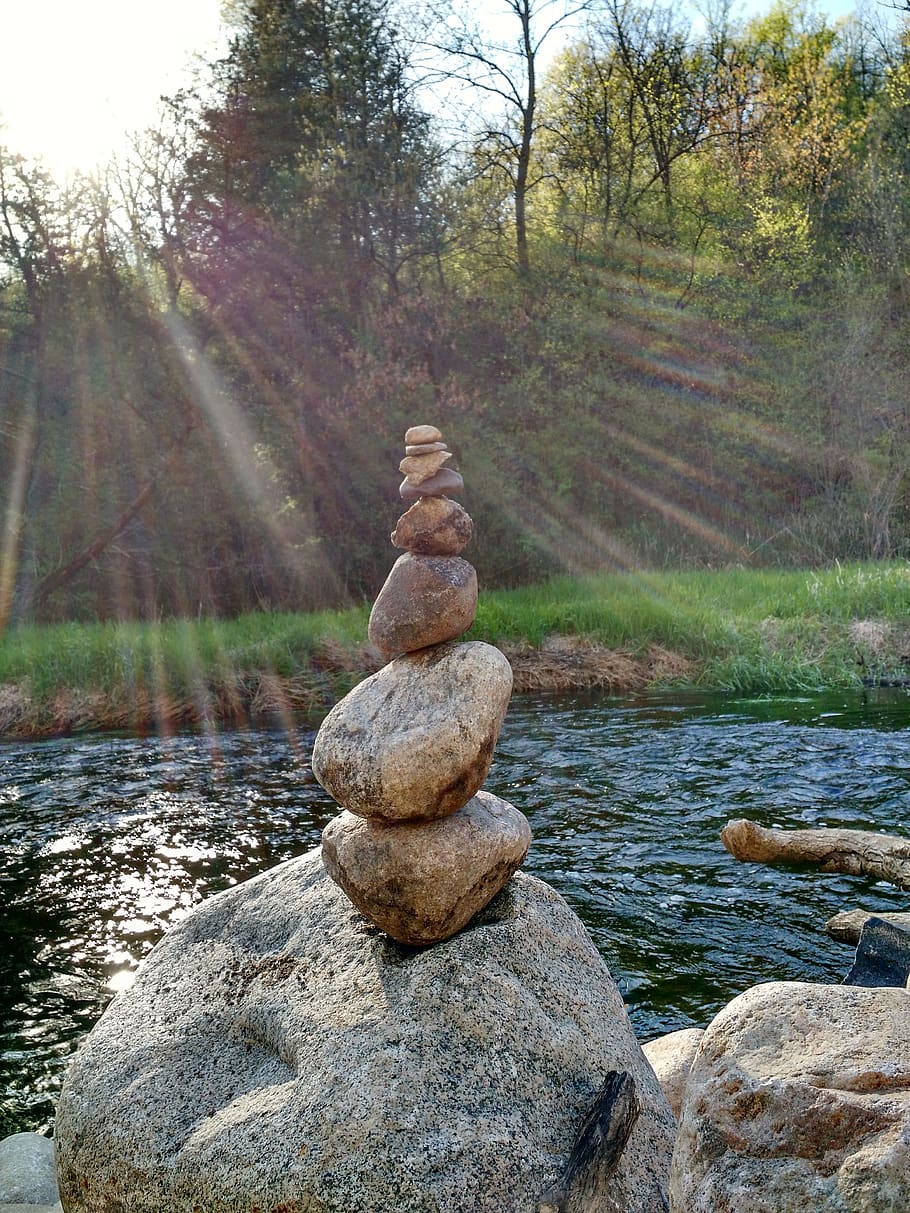cairn, rocks, stream, glint, stability, water, stack, solid HD wallpaper