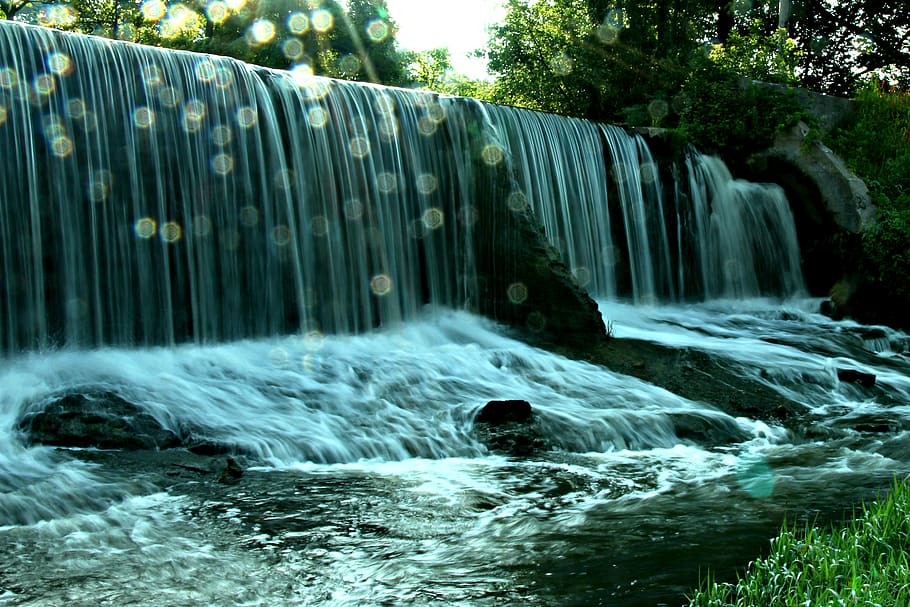 waterfall, river, green, bokeh, wild, sustainable, motion, flowing water HD wallpaper