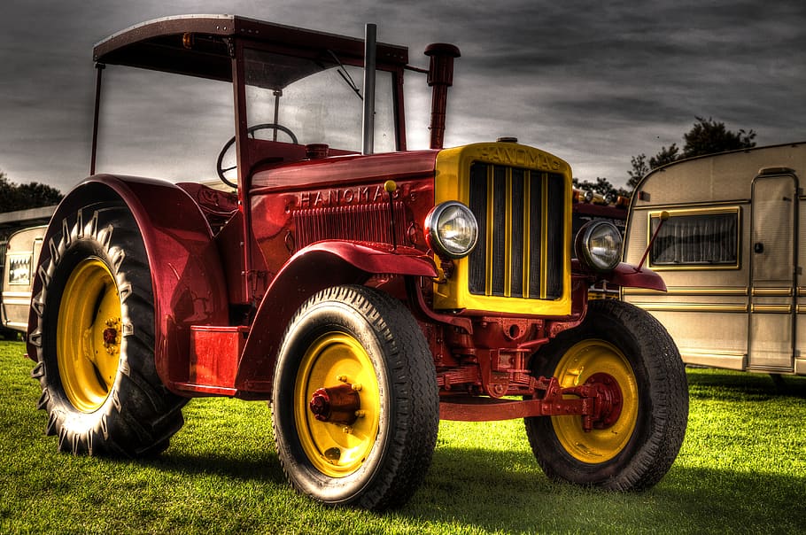 red, tractor, trailer, wheels, tires, hdr, mode of transportation HD wallpaper
