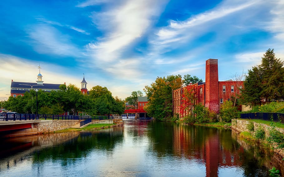 laconia, new hampshire, america, river, reflections, sky, clouds