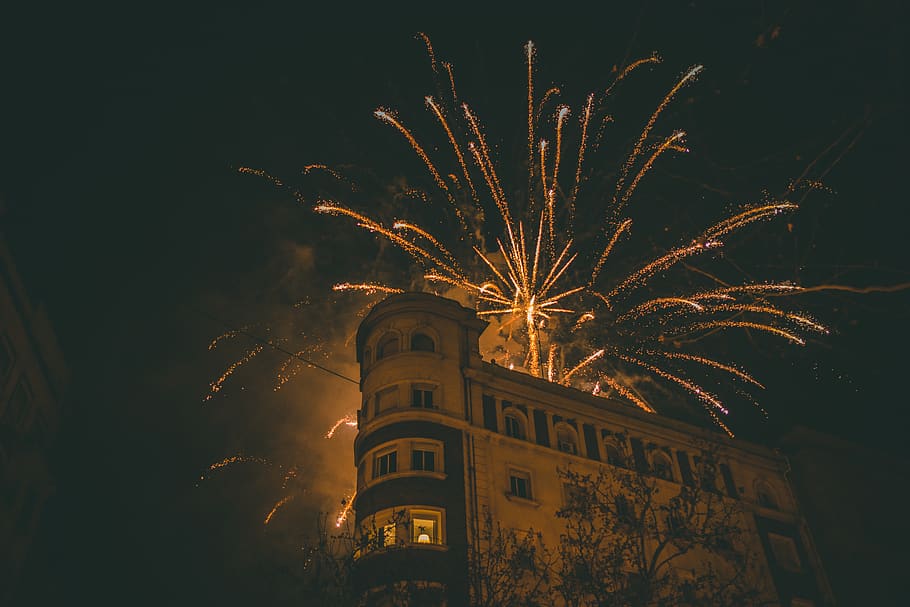 fireworks display at night, building exterior, architecture, illuminated HD wallpaper