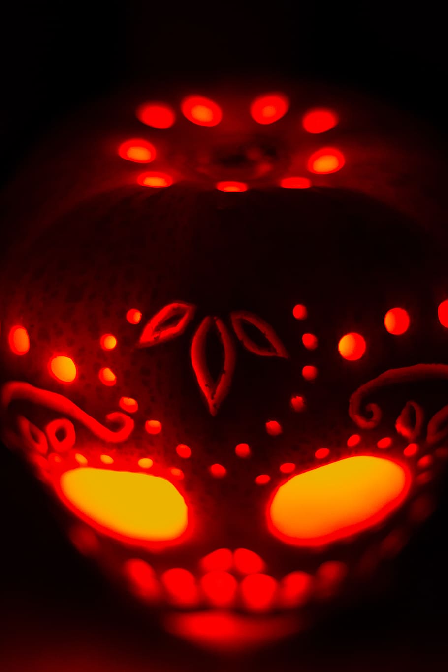 halloween, pumpkin, red, close-up, no people, night, black background HD wallpaper