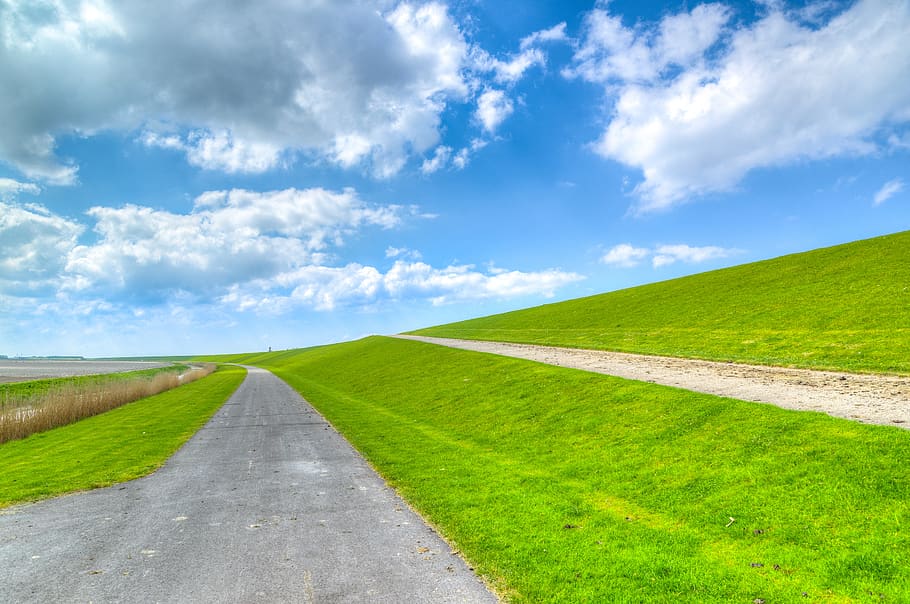 dutch, dike, green, spring, netherlands, landscape, sky, nature HD wallpaper