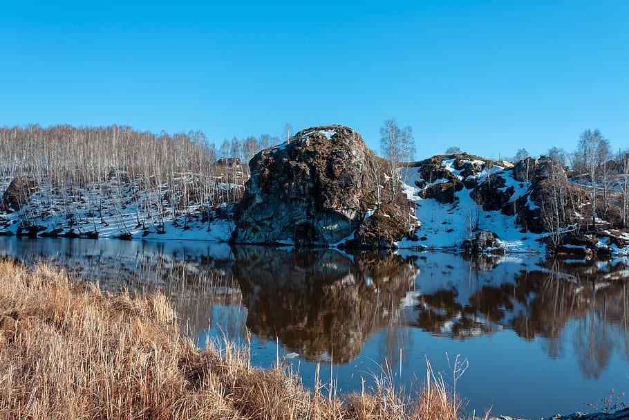 spring, river, rocks, reflection, landscape, forests, sky, water HD wallpaper