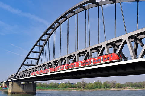 bridge, railway bridge, river, architecture, water, rhine, steel arch bridge HD wallpaper